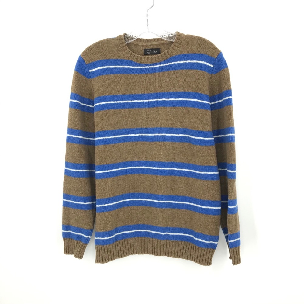 Zara Man Stripe Blue Brown Pullover Sweater Mens